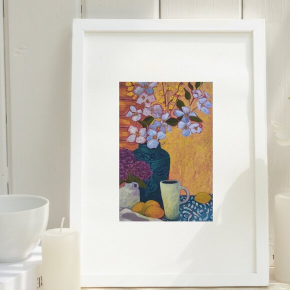 Colorful Kitchen Still Life Lemons, Tea, & Flowers Art Print for Farmhouse Decor - Picture 6 of 10